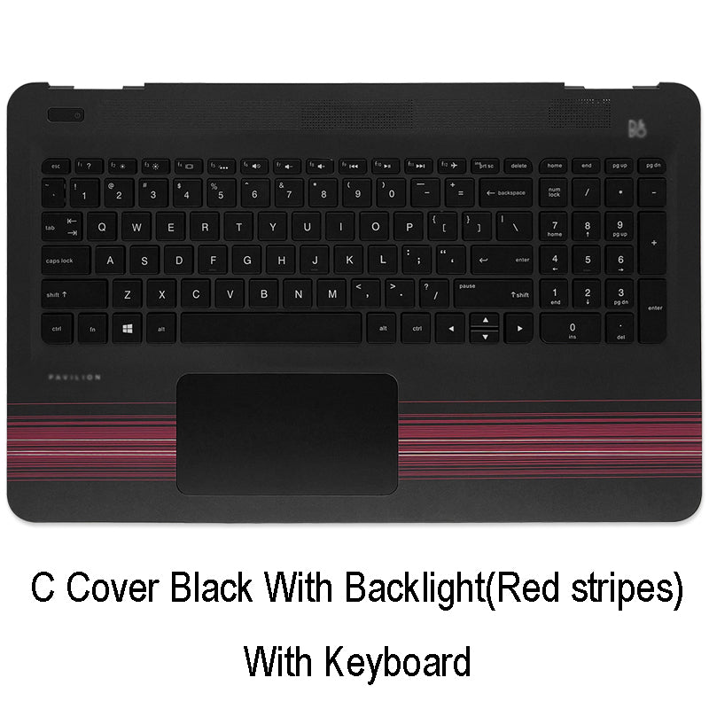For HP Pavilion 15-AU 15-AW 15-AL Laptop Palmrest Upper Case Cover with Touchpad Backlight Keyboard Black (Red stripes)