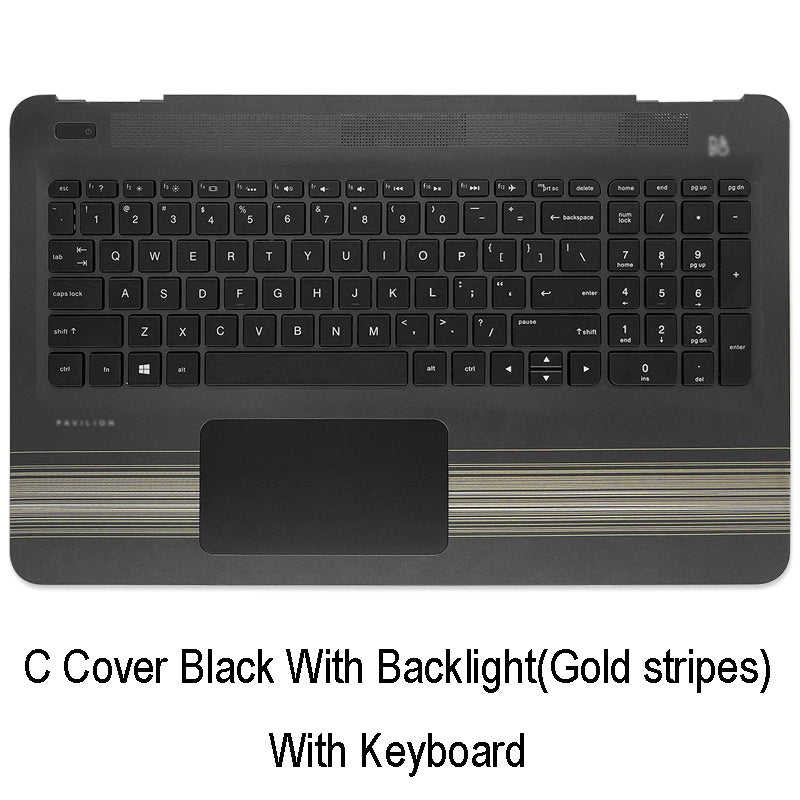 For HP Pavilion 15-AU 15-AW 15-AL Laptop Palmrest Upper Case Cover with Touchpad Backlight Keyboard Black (Gold stripes)