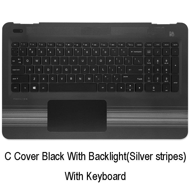 For HP Pavilion 15-AU 15-AW 15-AL Laptop Palmrest Upper Case Cover with Touchpad Backlight Keyboard Black (Silver stripes)