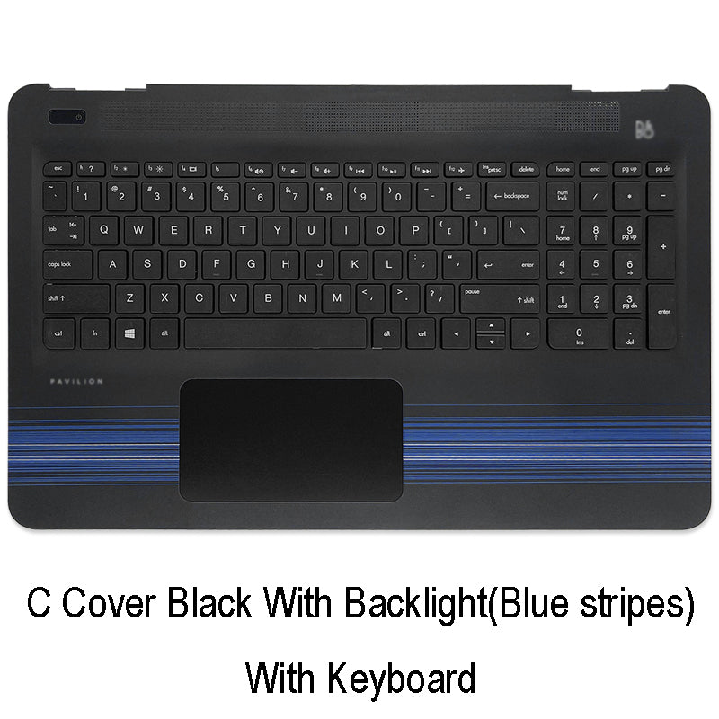 For HP Pavilion 15-AU 15-AW 15-AL Laptop Palmrest Upper Case Cover with Touchpad Backlight Keyboard Black (Blue stripes)